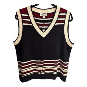 NWT St John Sport Black Cherry Multi V-Neck Stripe Sweater Vest Sz L